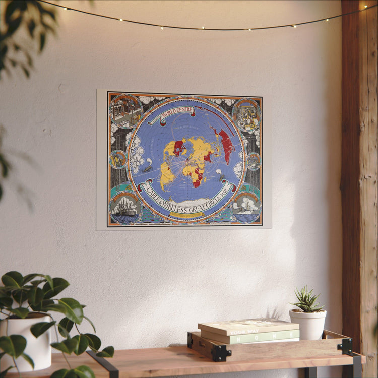 Decorative world map poster on a wall with plants and a wooden shelf below.