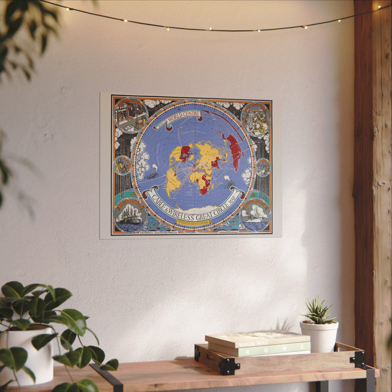 Decorative world map poster on a wall with plants and a wooden shelf below.