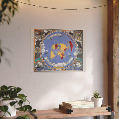 Decorative world map poster on a wall with plants and a wooden shelf below.