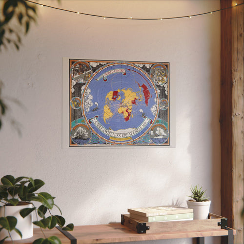 Decorative world map poster on a wall with plants and a wooden shelf below.