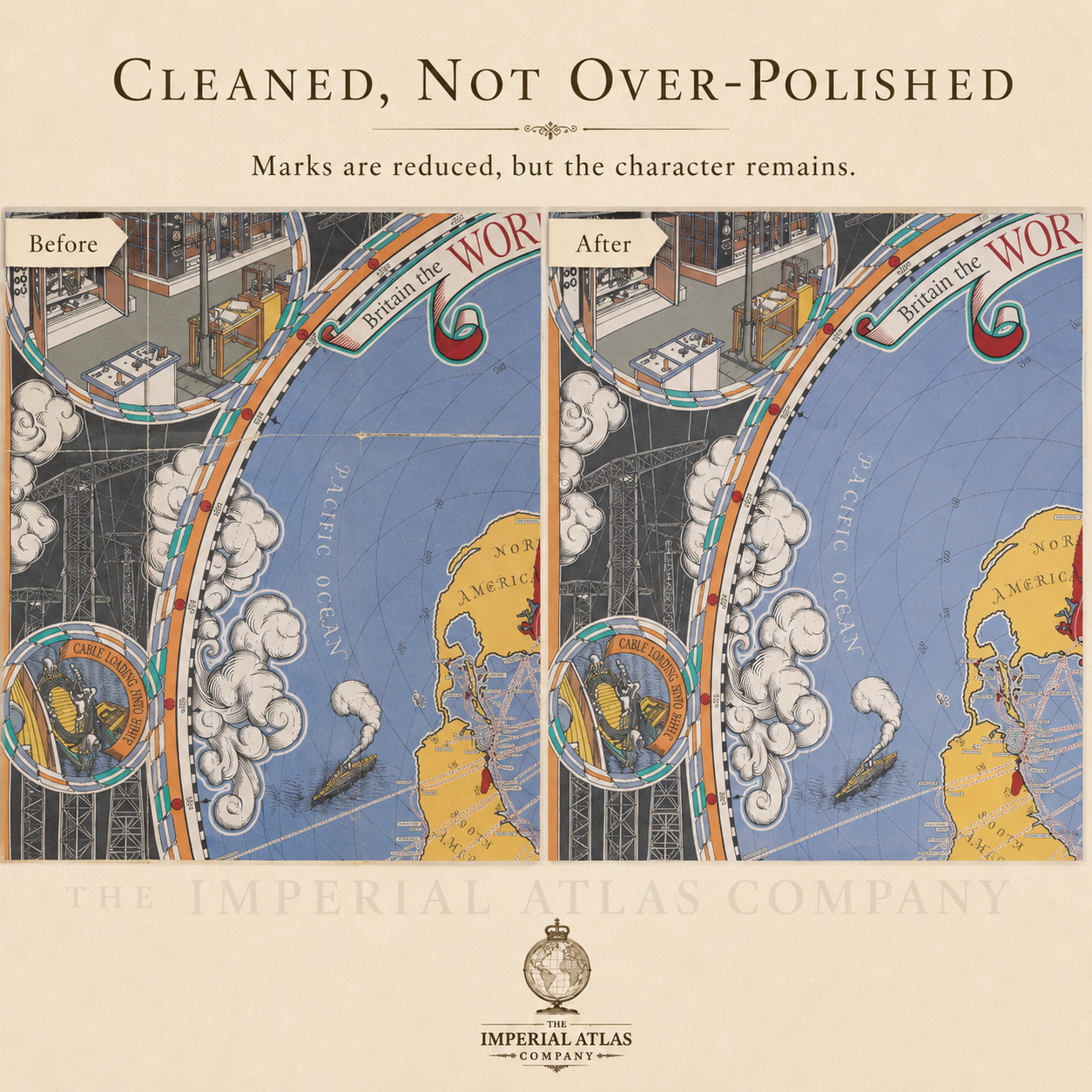 Map with 'Cleaned, Not Over-Polished' text and Imperial Atlas Company logo.